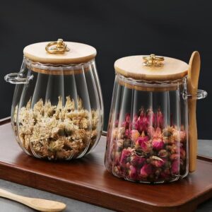 Small Glass Coffee Nuts Canister Airtight Storage Jar Petal Decorative Container with Bamboo Lid Metal Handle Easy to Grasp 700ml, 23 FL OZ (Set of 2)