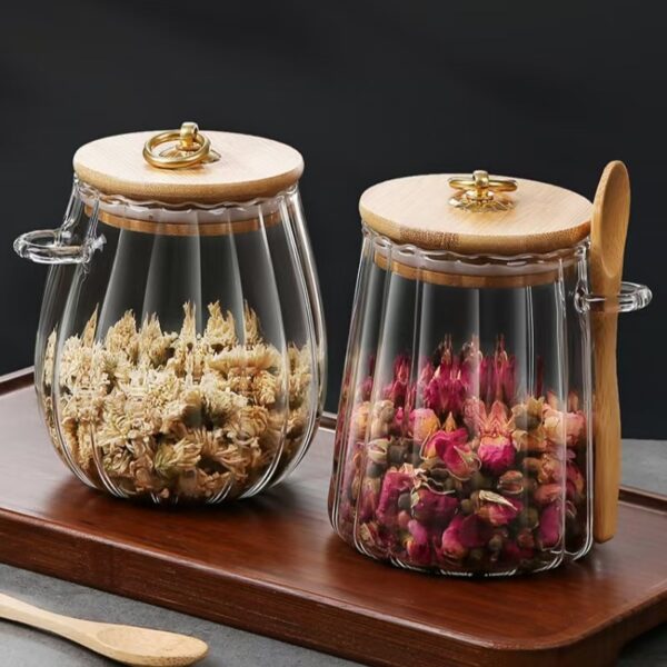 Small Glass Coffee Nuts Canister Airtight Storage Jar Petal Decorative Container with Bamboo Lid Metal Handle Easy to Grasp 700ml, 23 FL OZ (Set of 2)