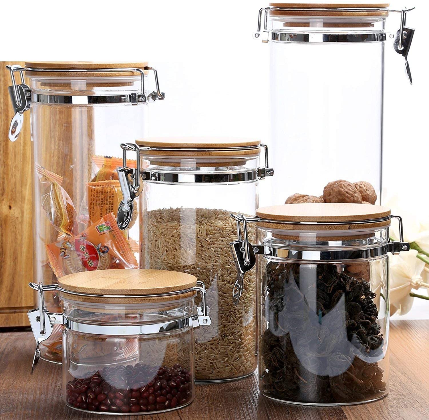 Line up our glass storage container sets on the kitchen counters to keep dry ingredients such as Pasta, cereal, beans, rice, nuts etc, perfect for pantry organization and storage. Great product for coffee and tea lovers to store your coffee beans and powders, tea, sugars and snacks. they are practical, easy open and close, stylish for modern kitchen counter and pantry.